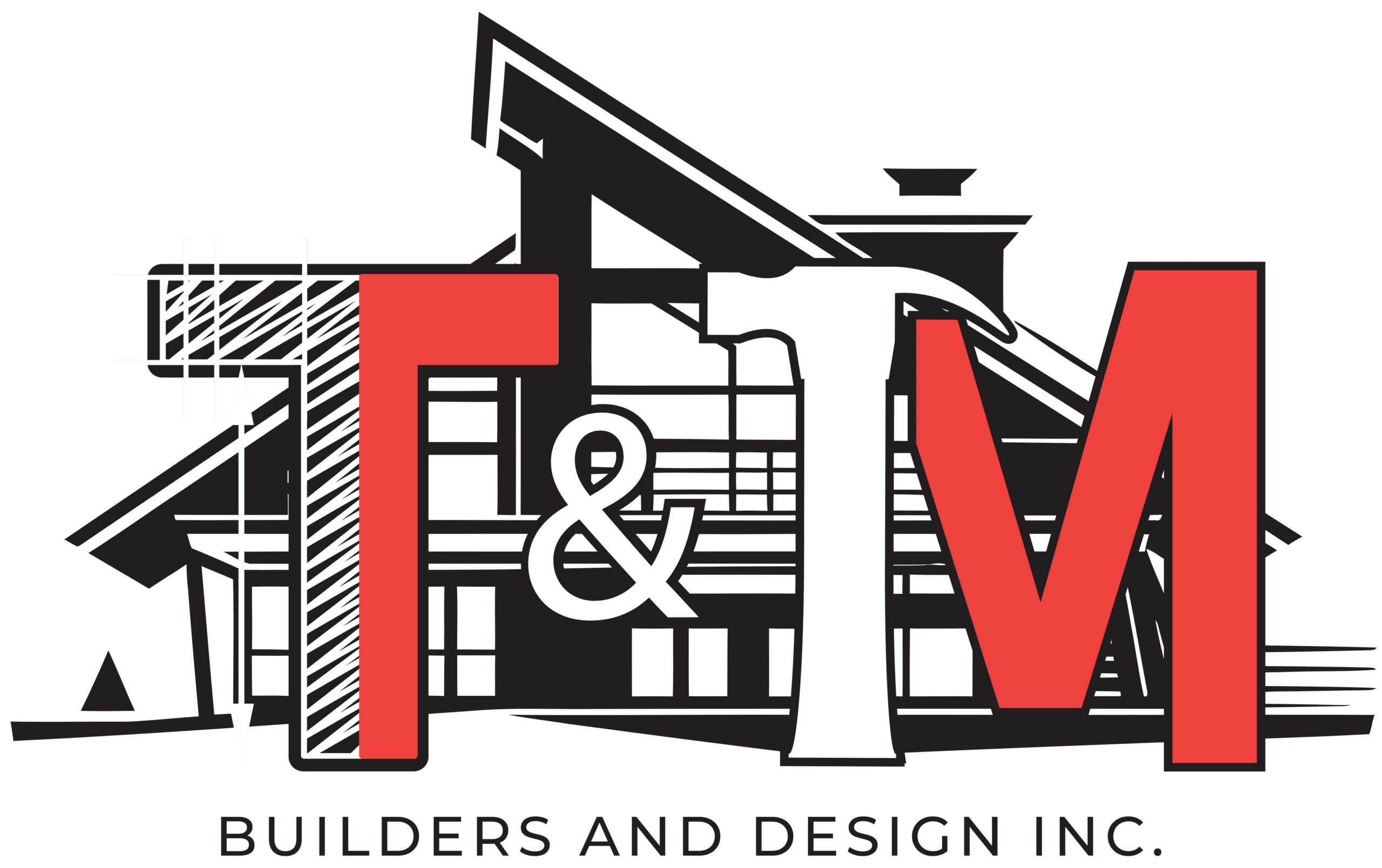 Logo for T&M Builders and Design Inc., featuring a stylized red “T” and “M” with a hammer design. Background includes a house silhouette with architectural lines.